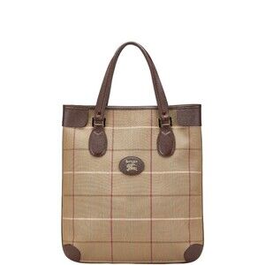 Burberry Check Tote Bag Handbag Khaki Green Multicolor Canvas Leather